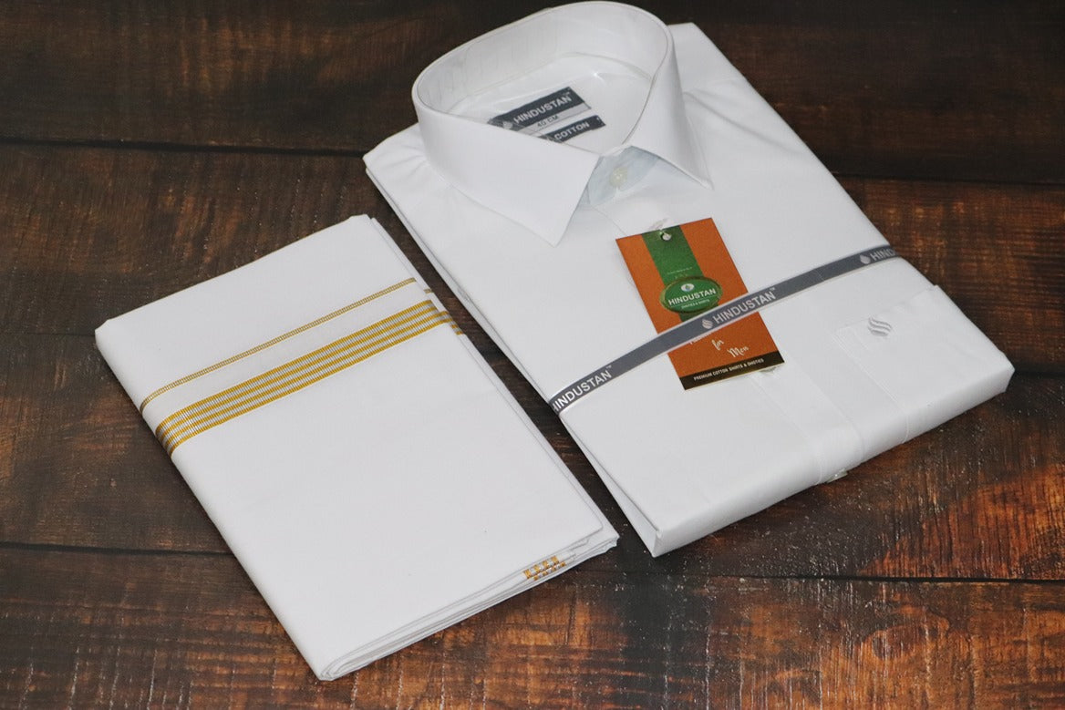 White Shirt + 30k Grand Jari Mixed Dhoti Combo Set