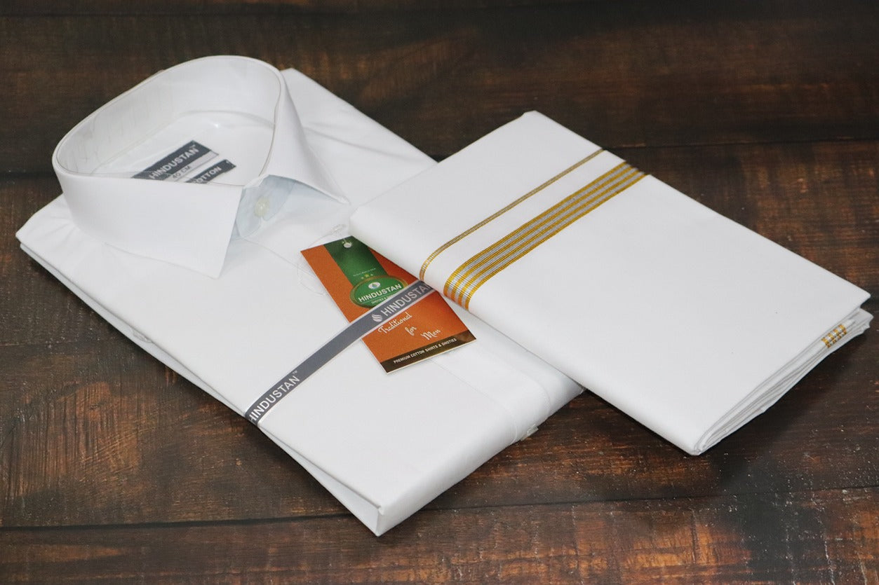 White Shirt + 30k Grand Jari Mixed Dhoti Combo Set