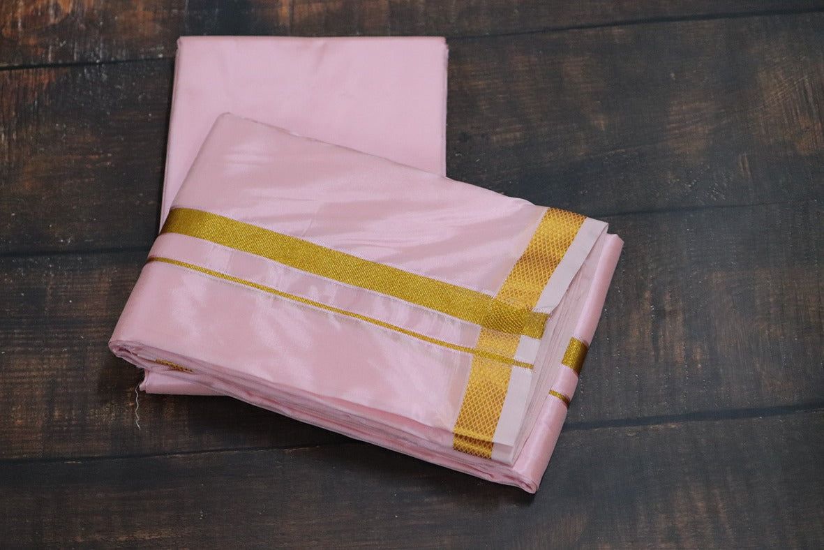 Artsilk Baby Pink shirt Material + Dhoti with 50k Gold Border Set