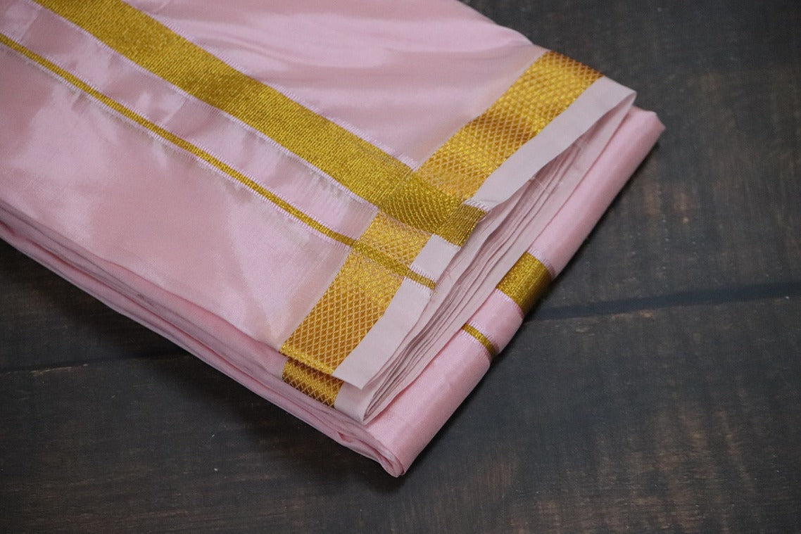 Artsilk Baby Pink shirt Material + Dhoti with 50k Gold Border Set