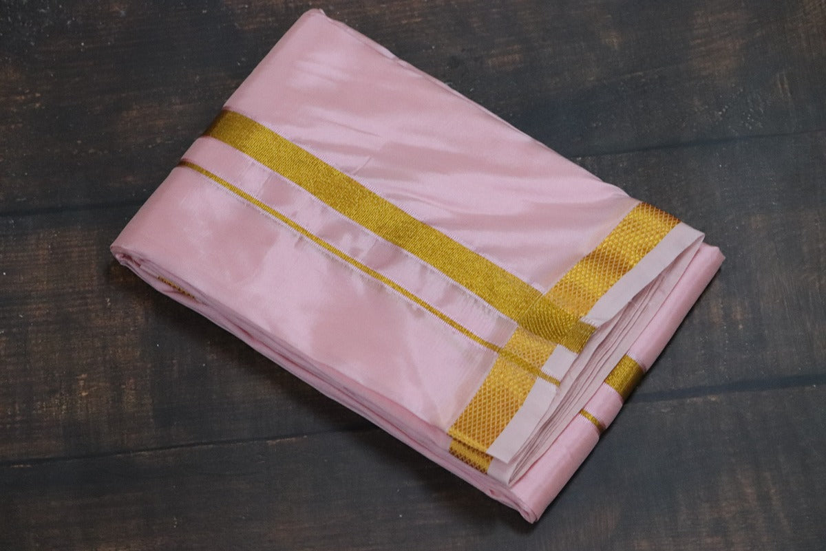 Artsilk Baby Pink shirt Material + Dhoti with 50k Gold Border Set