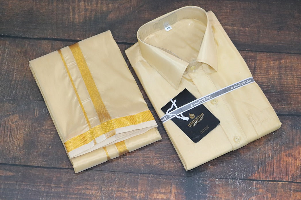 Artsilk Bright Gold Shirt + Dhoti with 50k Gold Border - Full Sleeve