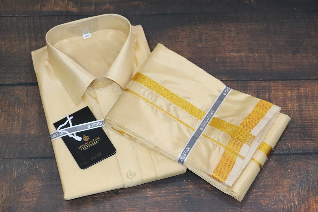 Artsilk Bright Gold Shirt + Dhoti with 50k Gold Border - Full Sleeve