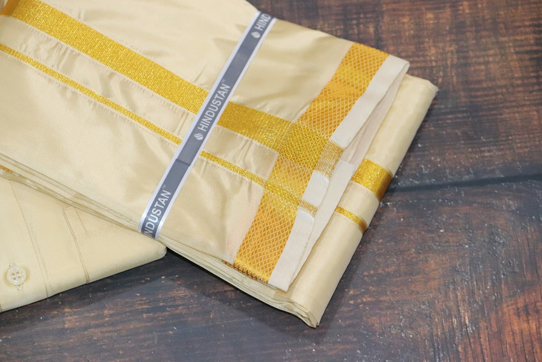Artsilk Bright Gold Shirt + Dhoti with 50k Gold Border - Full Sleeve