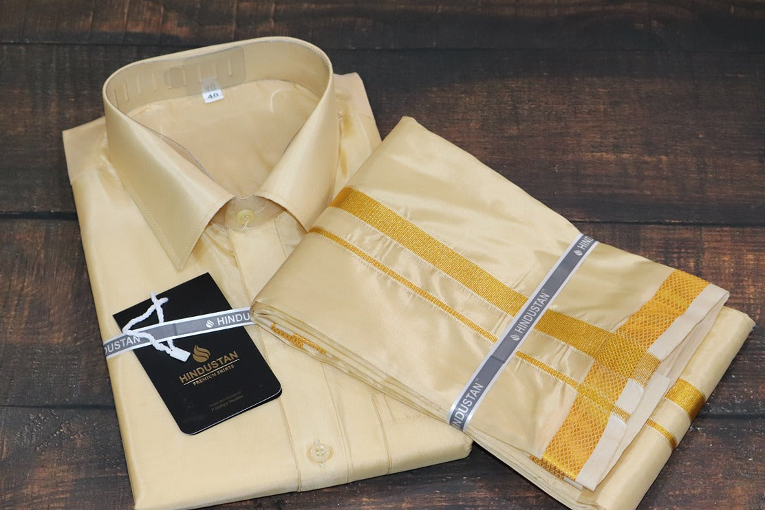 Artsilk Bright Gold Shirt + Dhoti with 50k Gold Border - Full Sleeve