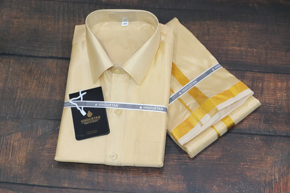 Artsilk Bright Gold Shirt + Dhoti with 50k Gold Border - Full Sleeve