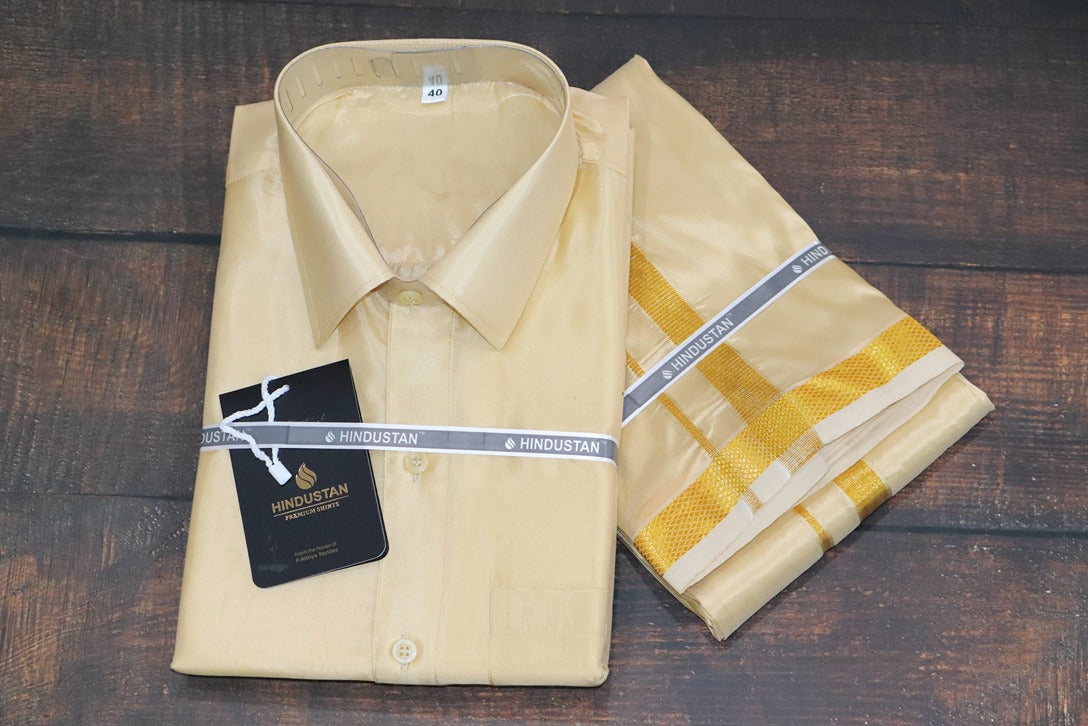 Artsilk Bright Gold Shirt + Dhoti with 50k Gold Border - Full Sleeve