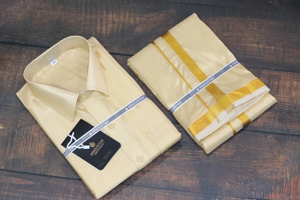 Artsilk Bright Gold Shirt + Dhoti with 50k Gold Border - Full Sleeve