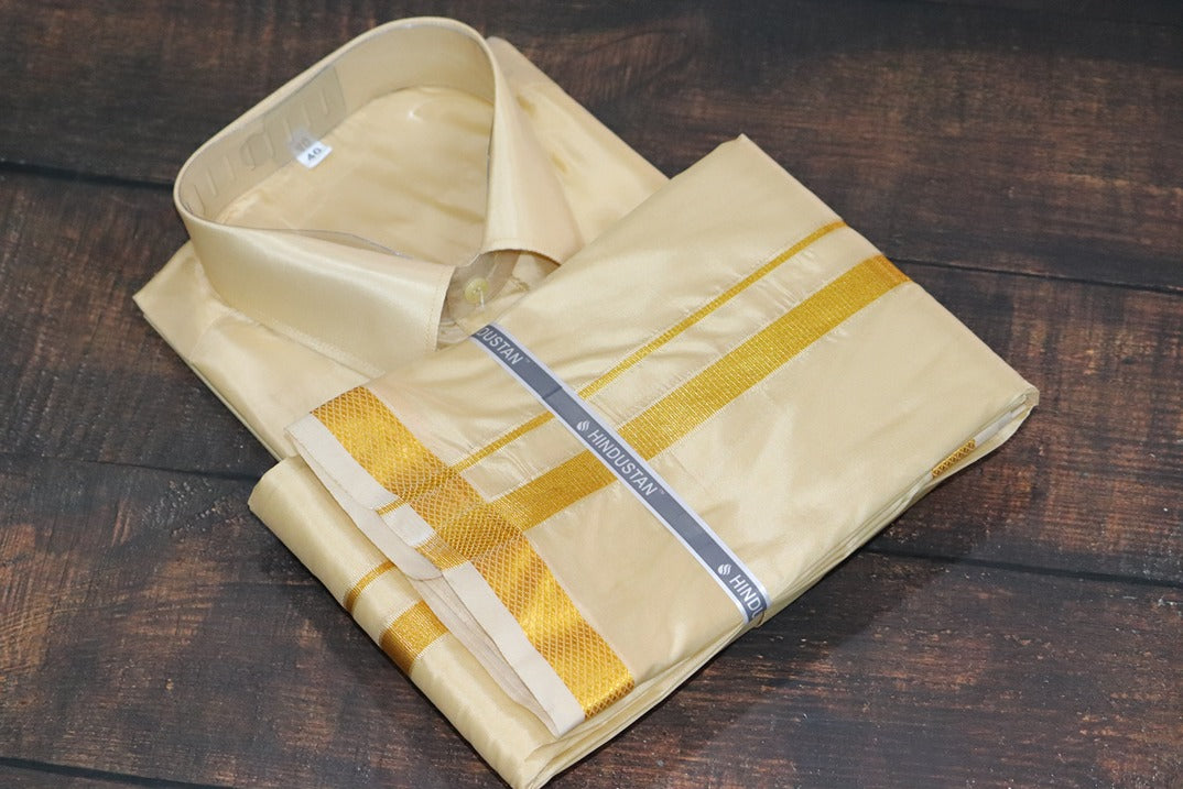 Artsilk Bright Gold Shirt + Dhoti with 50k Gold Border - Full Sleeve