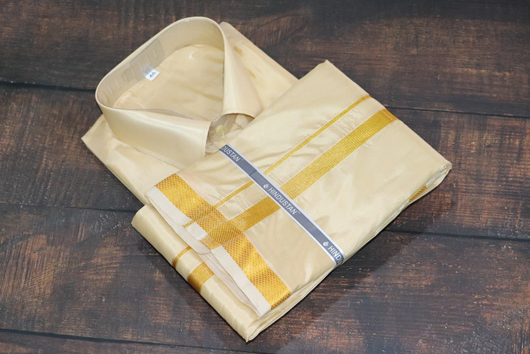 Artsilk Bright Gold Shirt + Dhoti with 50k Gold Border - Full Sleeve