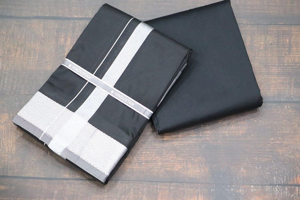 Artsilk Galaxy Black Shirt Fabric + Dhoti with 100k Silver Jari Border