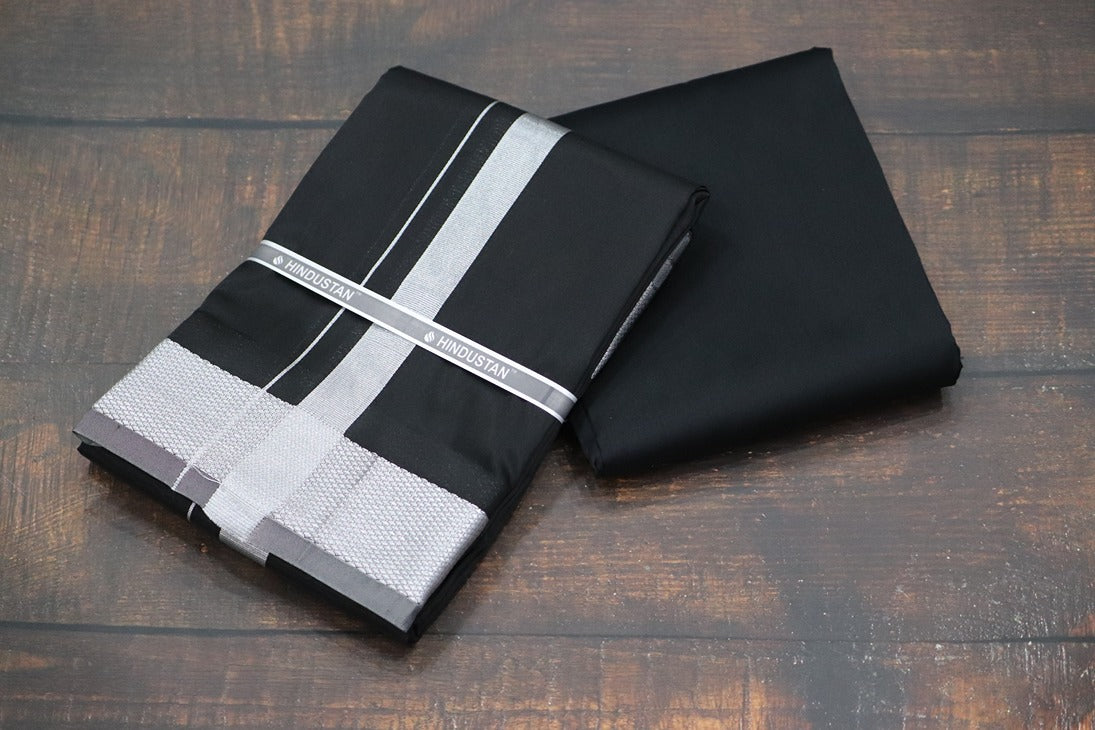 Artsilk Galaxy Black Shirt Fabric + Dhoti with 100k Silver Jari Border