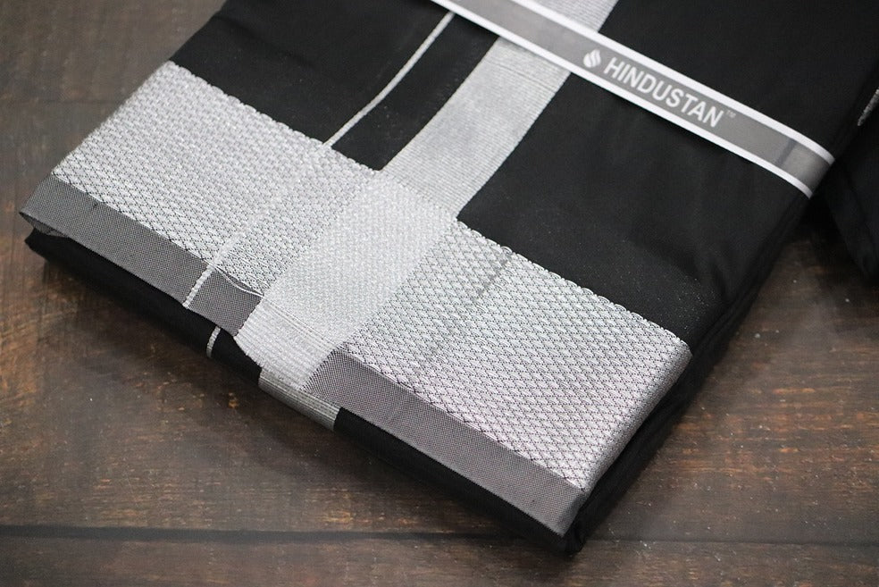 Artsilk Galaxy Black Shirt Fabric + Dhoti with 100k Silver Jari Border