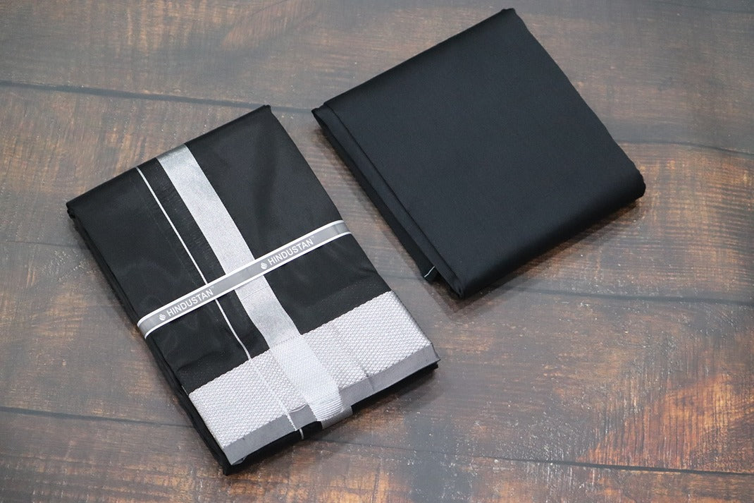 Artsilk Galaxy Black Shirt Fabric + Dhoti with 100k Silver Jari Border