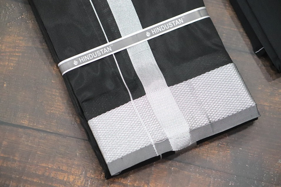 Artsilk Galaxy Black Shirt Fabric + Dhoti with 100k Silver Jari Border