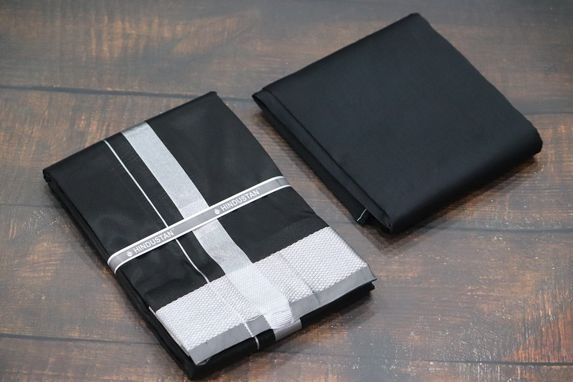 Artsilk Galaxy Black Shirt Fabric + Dhoti with 100k Silver Jari Border