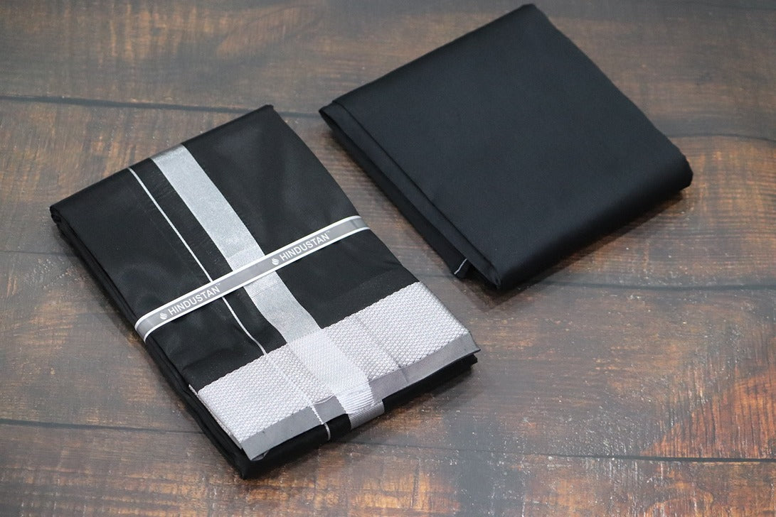 Artsilk Galaxy Black Shirt Fabric + Dhoti with 100k Silver Jari Border