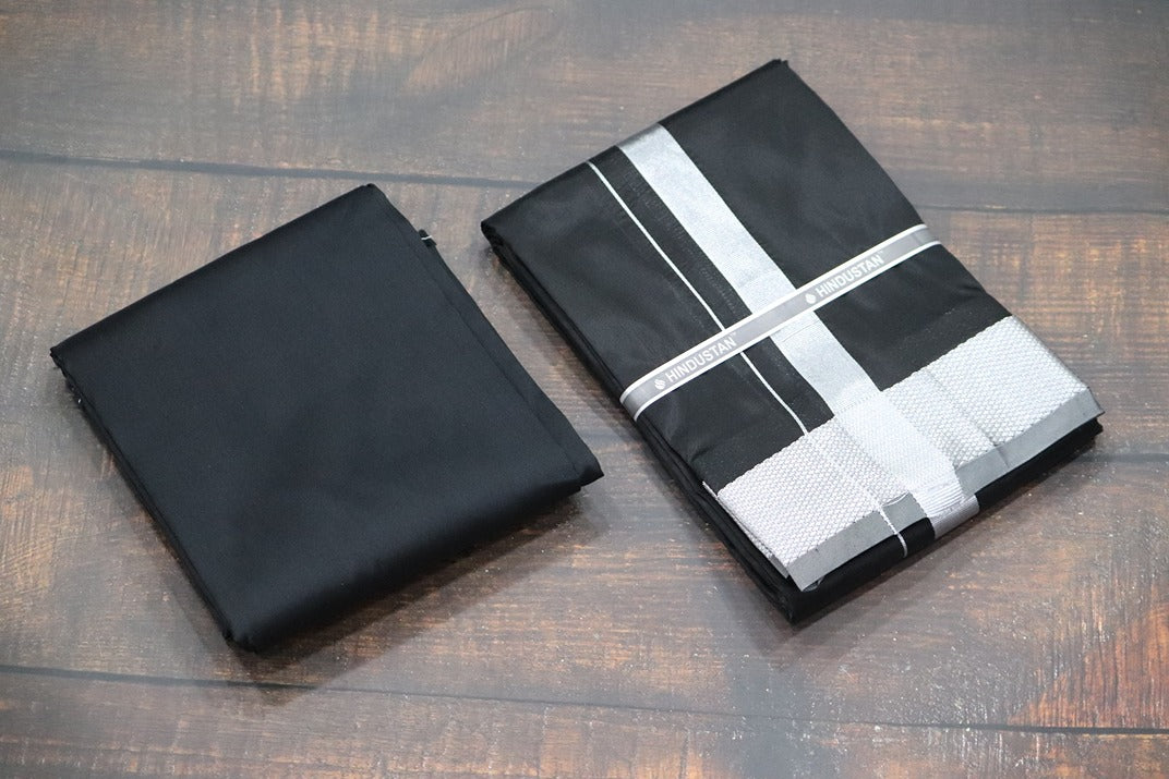 Artsilk Galaxy Black Shirt Fabric + Dhoti with 100k Silver Jari Border