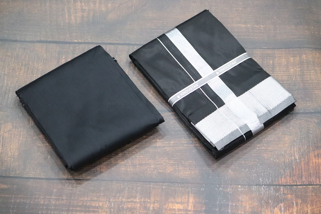 Artsilk Galaxy Black Shirt Fabric + Dhoti with 100k Silver Jari Border