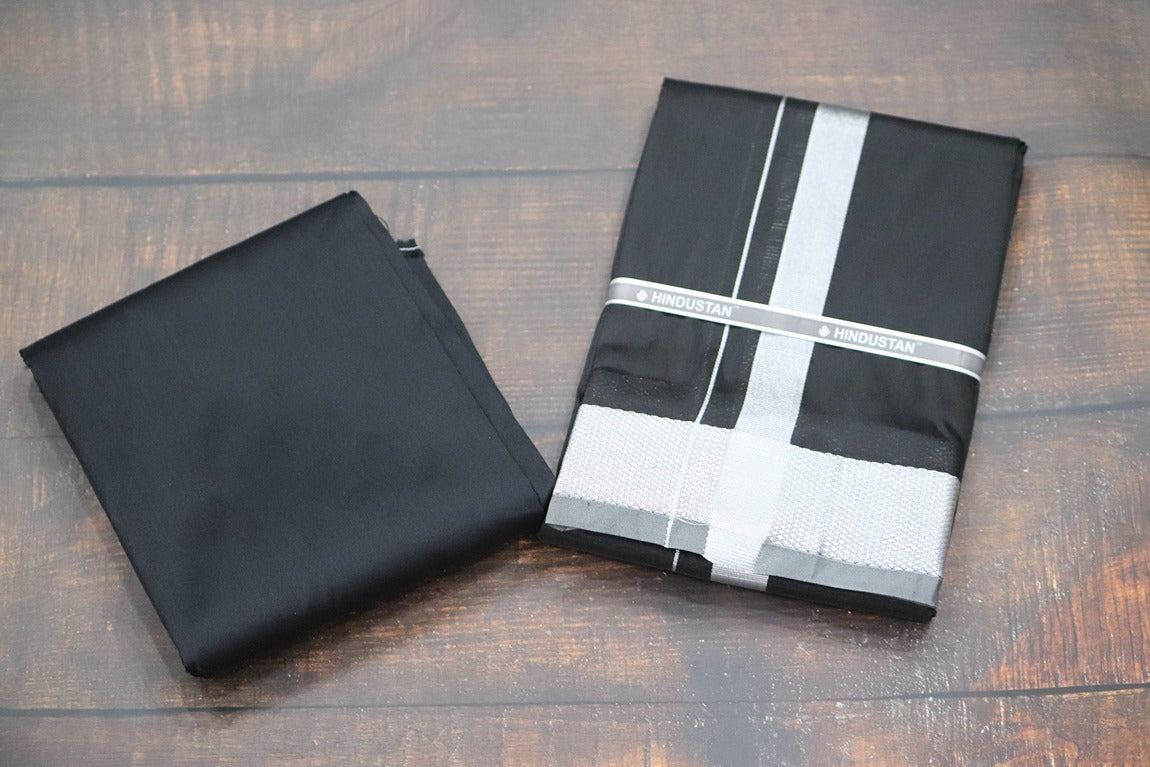 Artsilk Galaxy Black Shirt Fabric + Dhoti with 100k Silver Jari Border