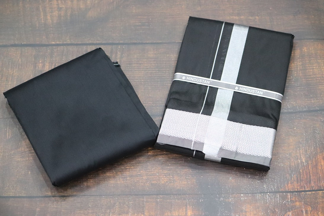 Artsilk Galaxy Black Shirt Fabric + Dhoti with 100k Silver Jari Border