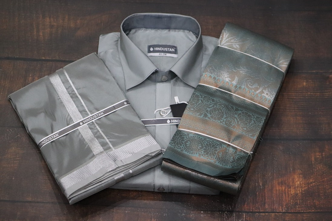 Raja Rani Readymade Steel Grey Shirt + 50k Silver Border & Saree Combo