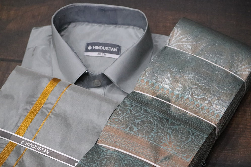 Raja Rani Readymade Steel Grey Shirt + 50k Gold Border & Saree Combo