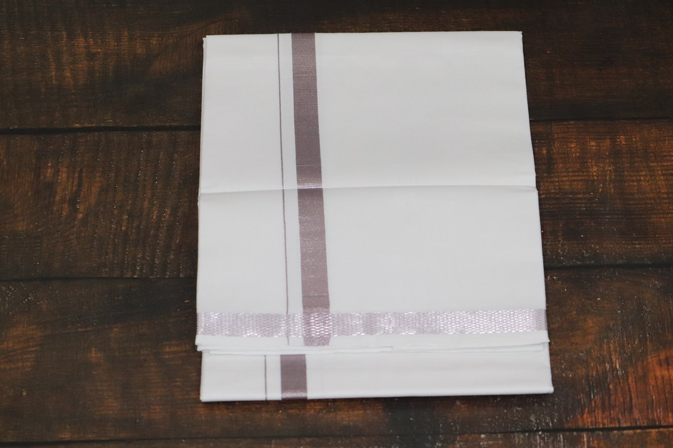 Onion Silver Jari 30k Silver Border Dhoti - 2mtr