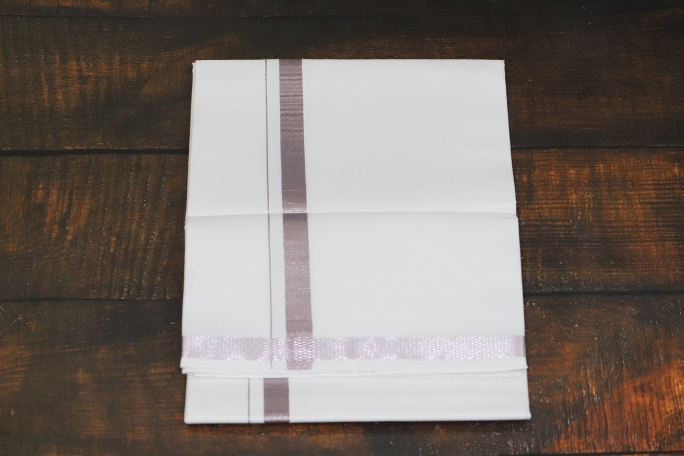 Onion Silver Jari 30k Silver Border Dhoti - 2mtr