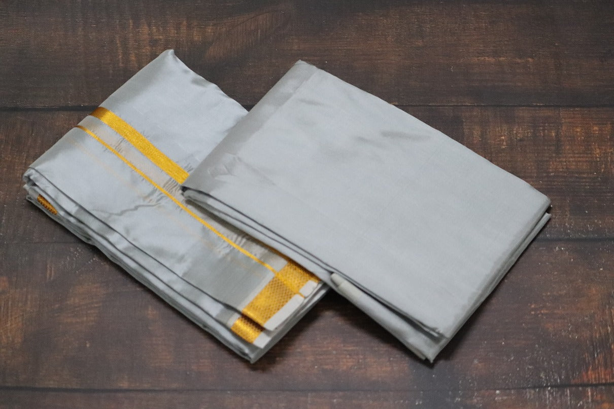 Artsilk Shadow Cement Combo Set (Shirt Fabric+Dhoti) with Gold Border