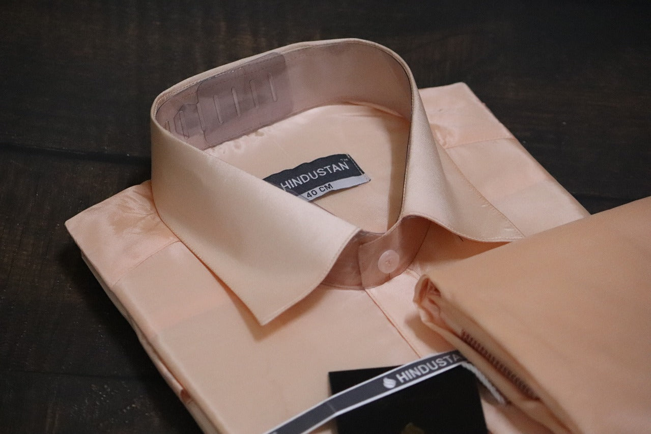 Artsilk Coral Shirt + Coral Dhoti with 100k Copper Border - Full Sleeve