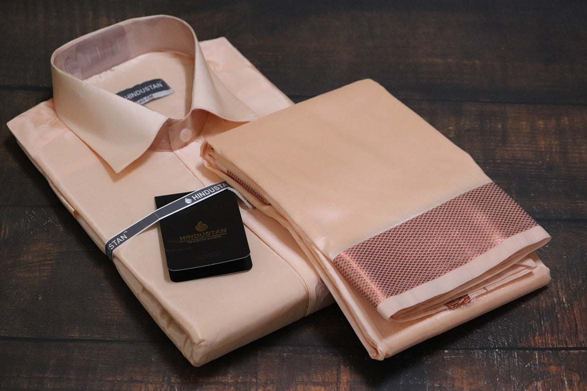Artsilk Coral Shirt + Coral Dhoti with 100k Copper Border - Full Sleeve