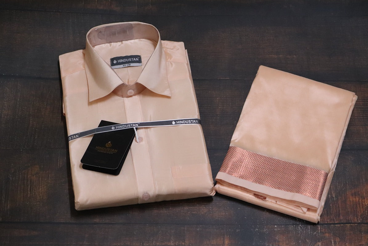 Artsilk Coral Shirt + Coral Dhoti with 100k Copper Border - Full Sleeve