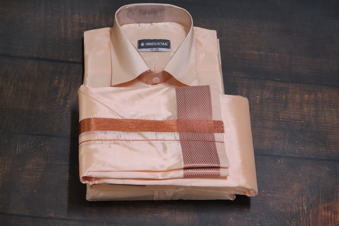 Artsilk Coral Shirt + Coral Dhoti with 100k Copper Border - Full Sleeve