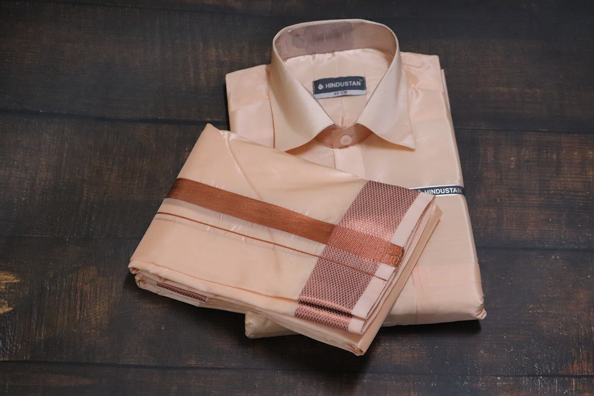 Artsilk Coral Shirt + Coral Dhoti with 100k Copper Border - Full Sleeve