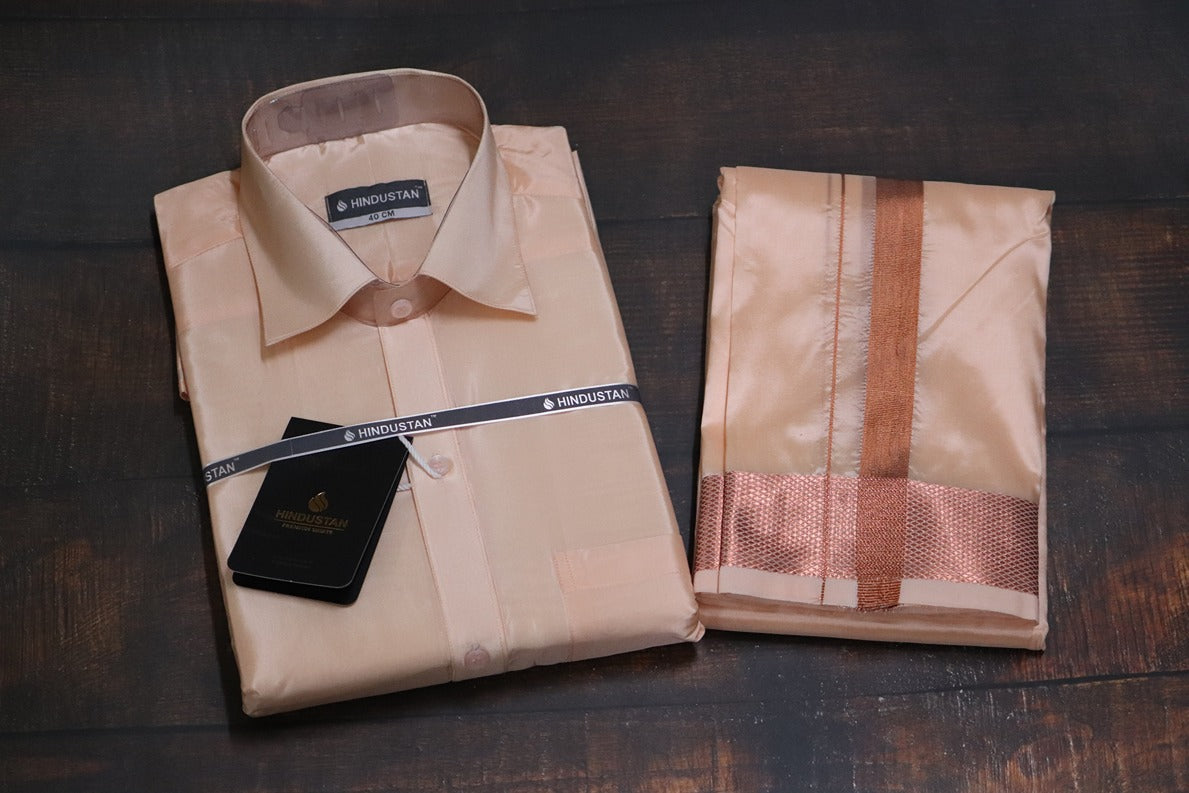 Artsilk Coral Shirt + Coral Dhoti with 100k Copper Border - Full Sleeve