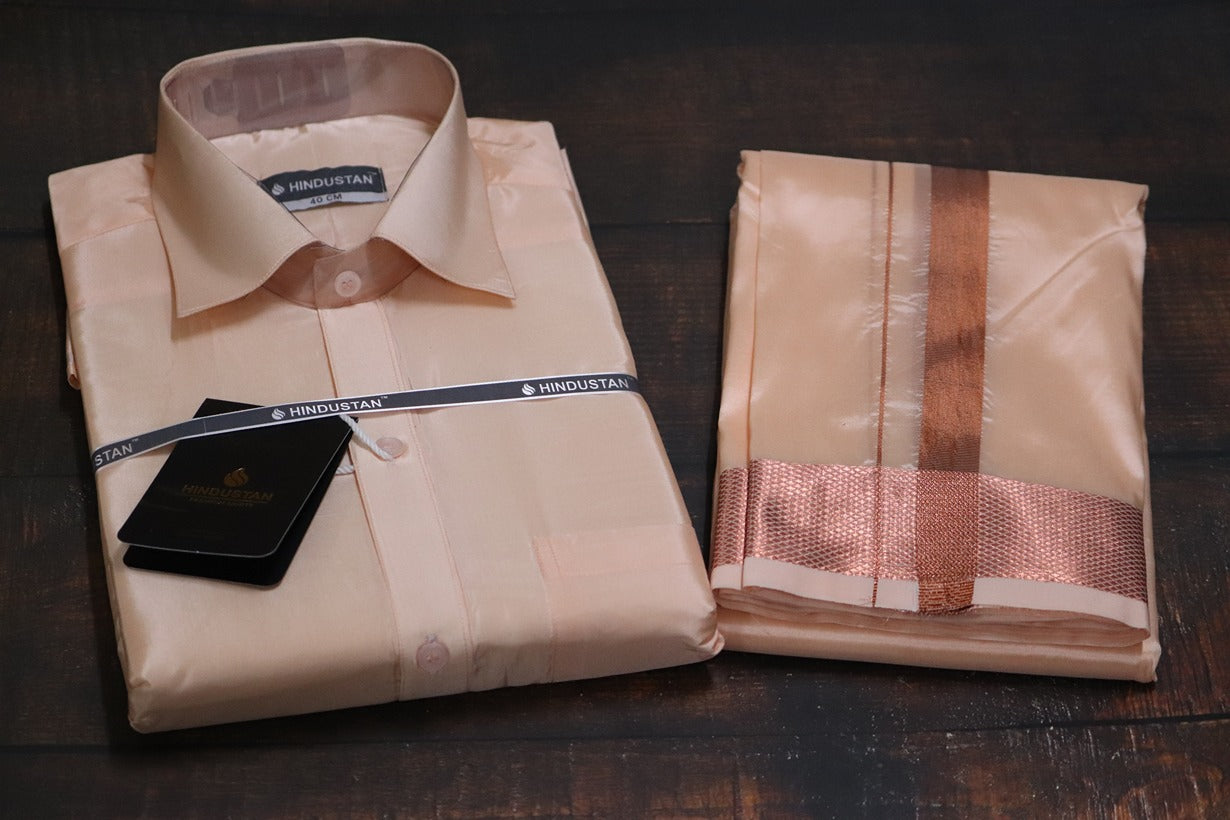 Artsilk Coral Shirt + Coral Dhoti with 100k Copper Border - Full Sleeve