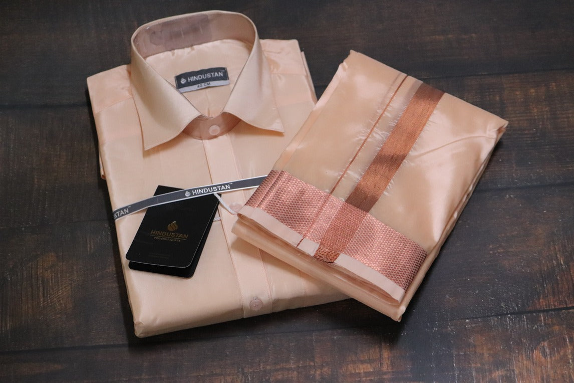 Artsilk Coral Shirt + Coral Dhoti with 100k Copper Border - Full Sleeve