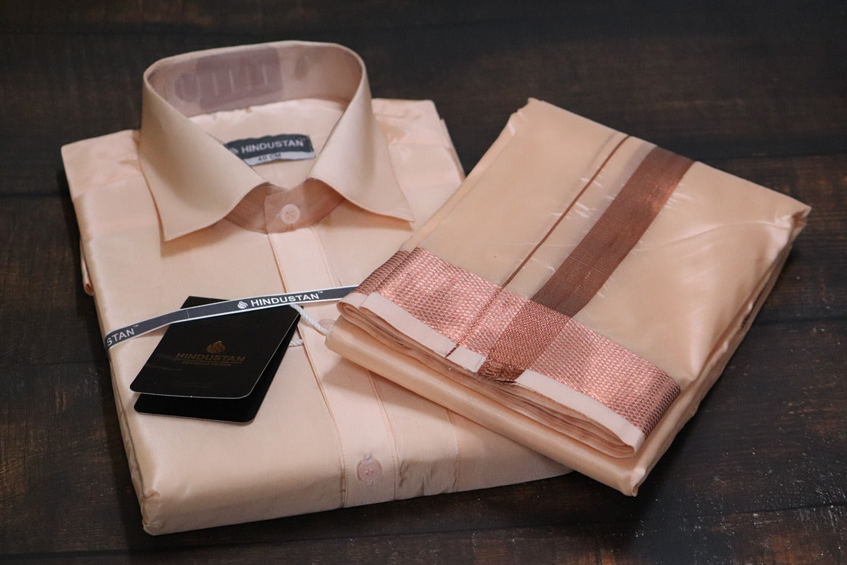 Artsilk Coral Shirt + Coral Dhoti with 100k Copper Border - Full Sleeve