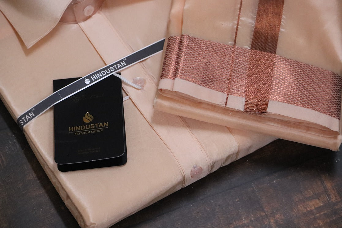Artsilk Coral Shirt + Coral Dhoti with 100k Copper Border - Full Sleeve
