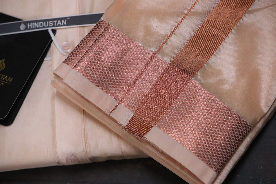 Artsilk Coral Shirt + Coral Dhoti with 100k Copper Border - Full Sleeve