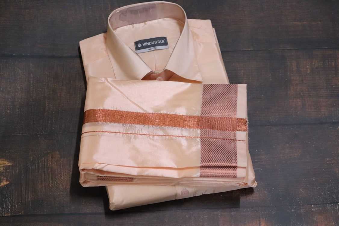Artsilk Coral Shirt + Coral Dhoti with 100k Copper Border - Full Sleeve