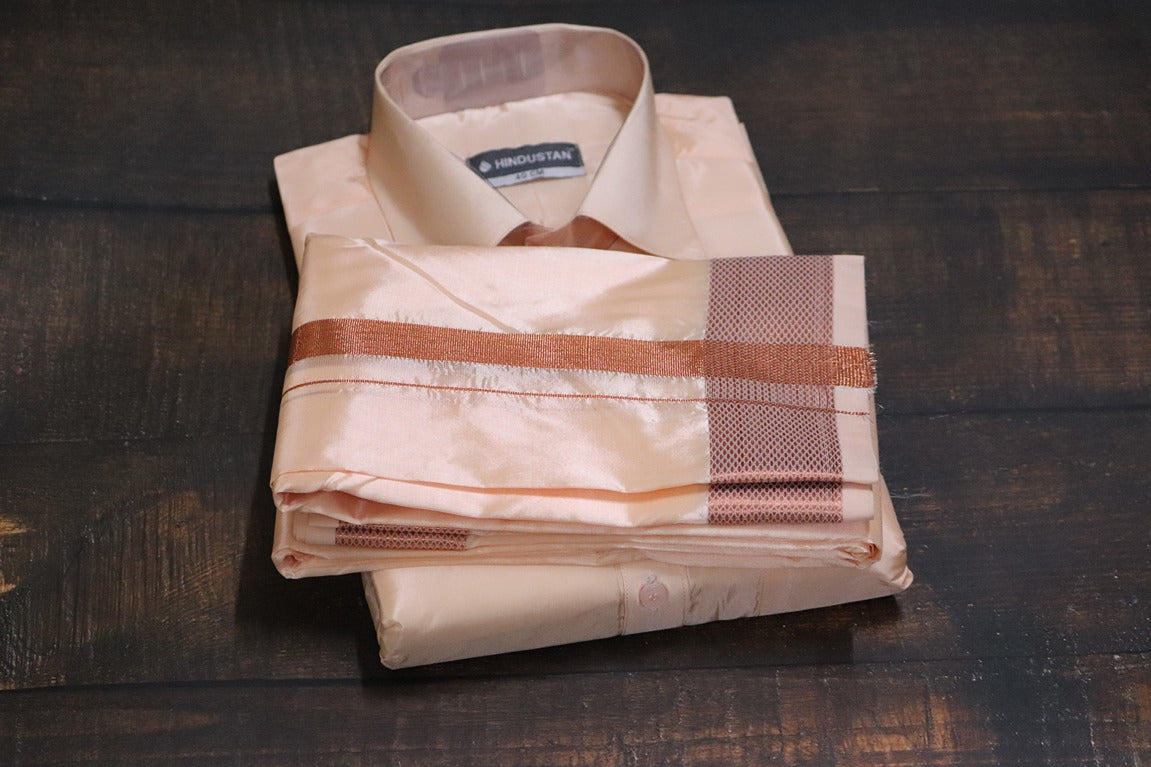 Artsilk Coral Shirt + Coral Dhoti with 100k Copper Border - Full Sleeve