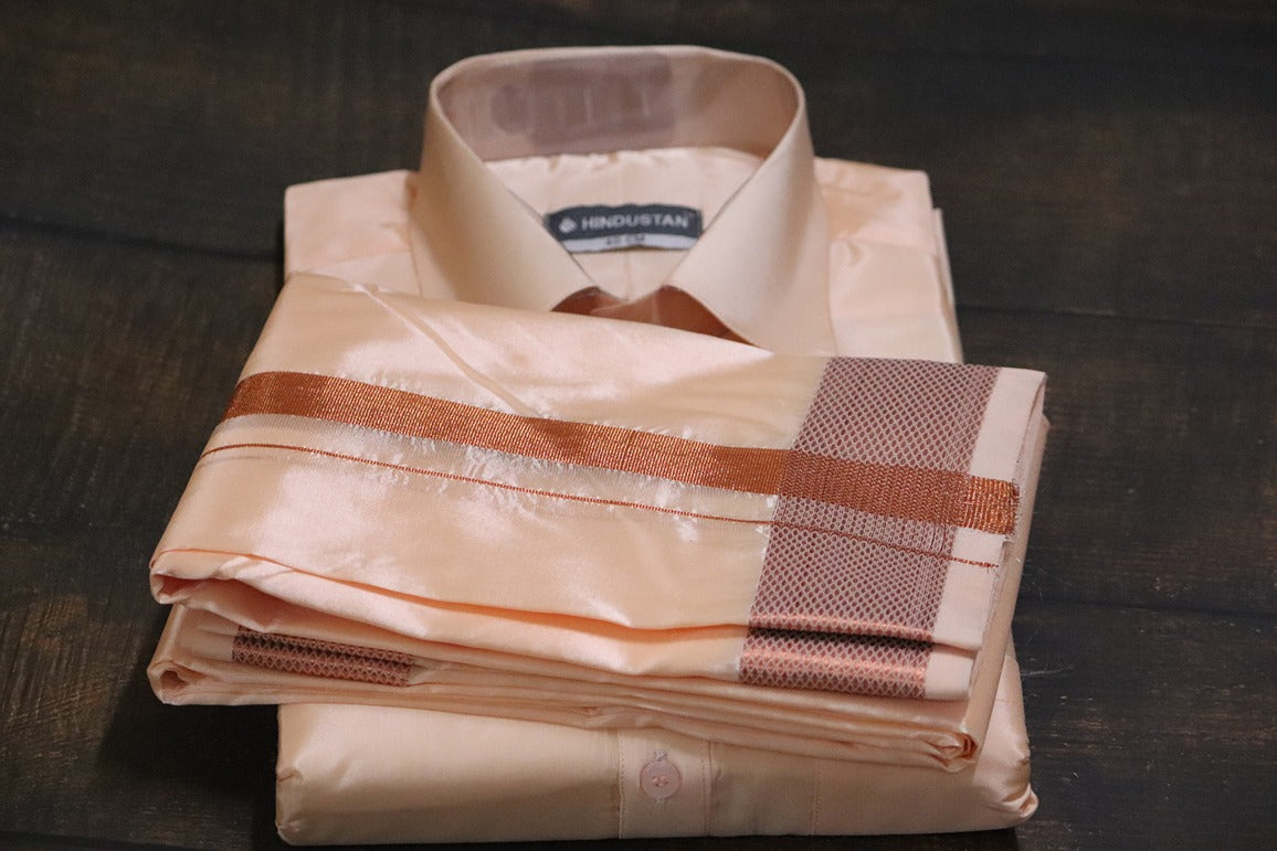 Artsilk Coral Shirt + Coral Dhoti with 100k Copper Border - Full Sleeve