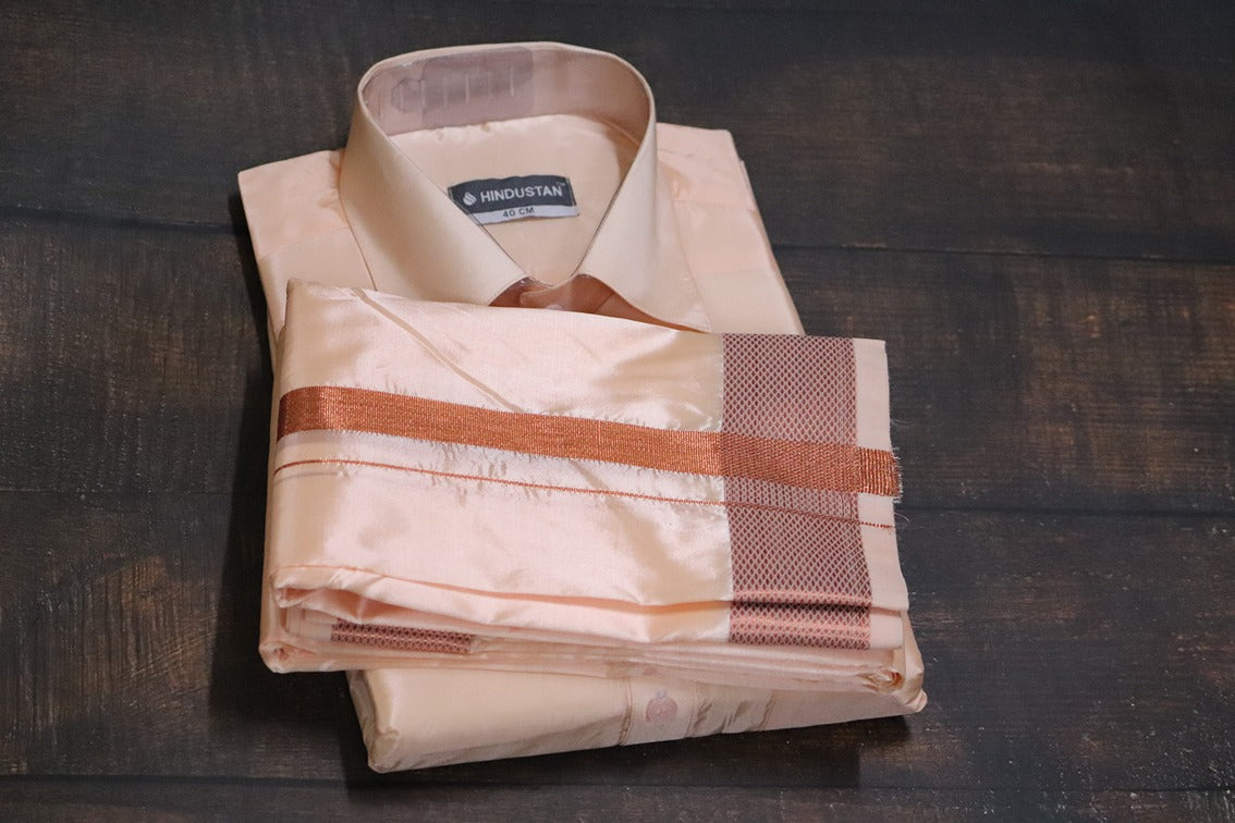 Artsilk Coral Shirt + Coral Dhoti with 100k Copper Border - Full Sleeve