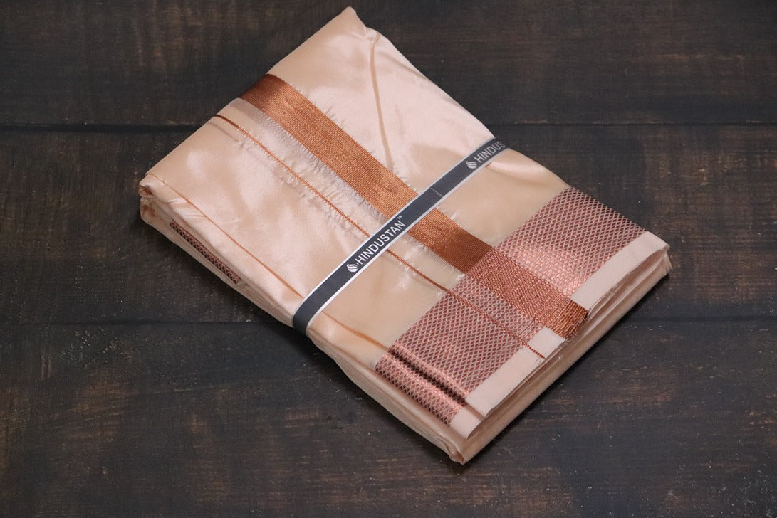 Artsilk Coral Shirt + Coral Dhoti with 100k Copper Border - Full Sleeve