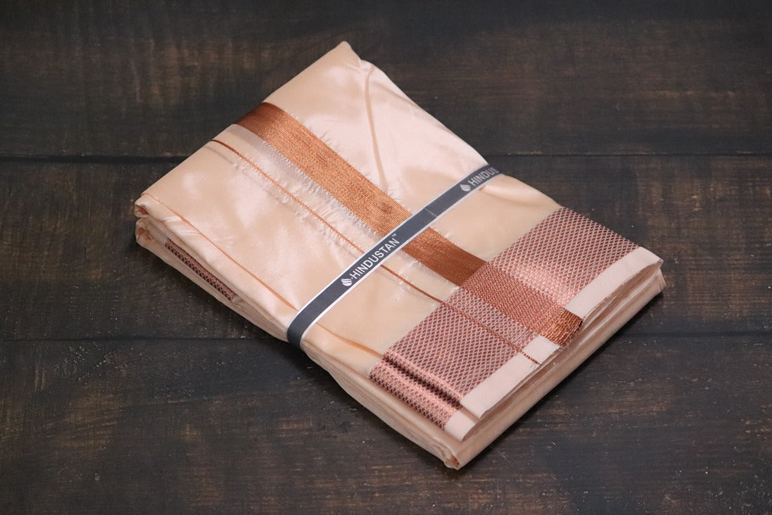 Artsilk Coral Shirt + Coral Dhoti with 100k Copper Border - Full Sleeve