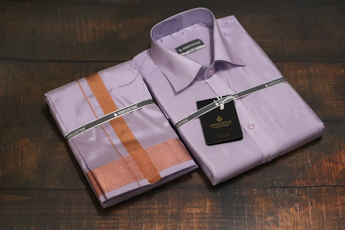 Artsilk Ultra Violet Shirt + Purple Dhoti with 100k Copper Border - Full Sleeve