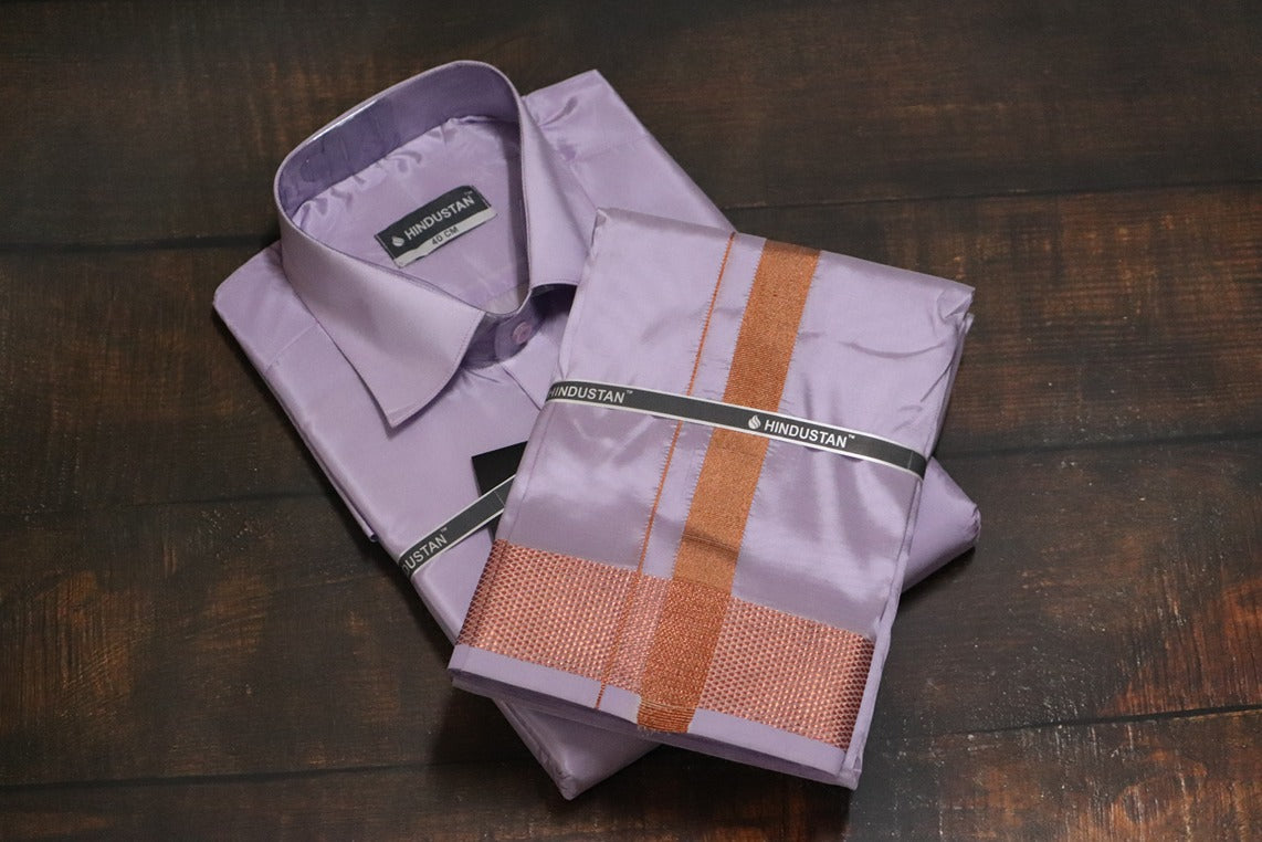 Artsilk Ultra Violet Shirt + Purple Dhoti with 100k Copper Border - Full Sleeve