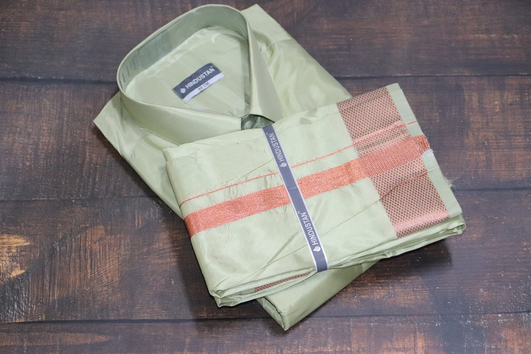 Artsilk River Green Shirt + Green Dhoti with 100k Copper Dhoti
